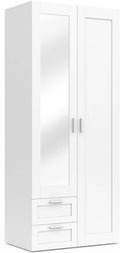 Armoire Penderie VITO 2 Portes avec Tiroirs et Miroir - 80 cm Blanc