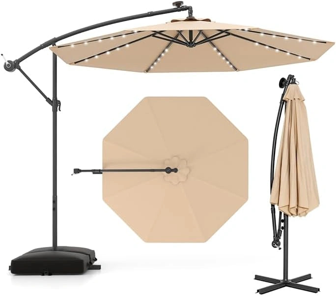 Grand Parasol Déporté 3,5x3,5M avec LED Solaire et Protection UV pour Terrasse et Jardin