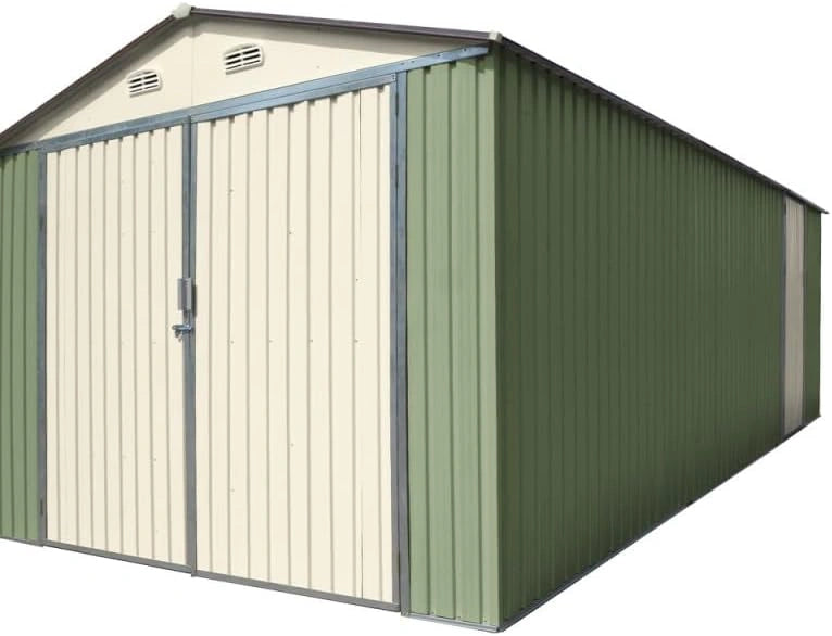 Abri de Jardin en Acier Galvanisé 18m², Portes Doubles, Vert Clair et Crème, Kit d'Ancrage Inclus