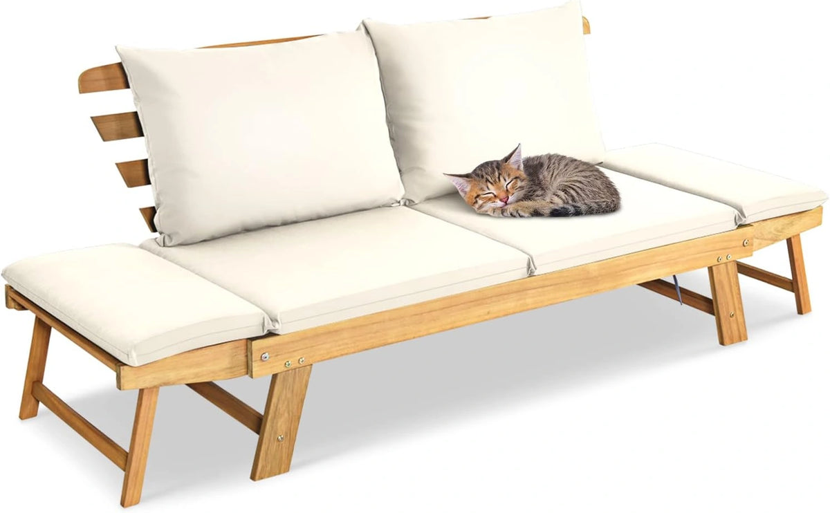 Canapé de Jardin Modulable 2 Places en Bois d'Acacia, Convertible en Lit avec Coussins, Beige