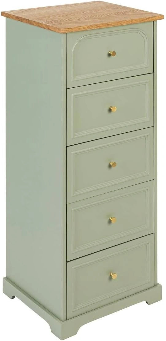 Commode 5 Tiroirs Mohea Vert et Bois - Rangement Intérieur Élégant