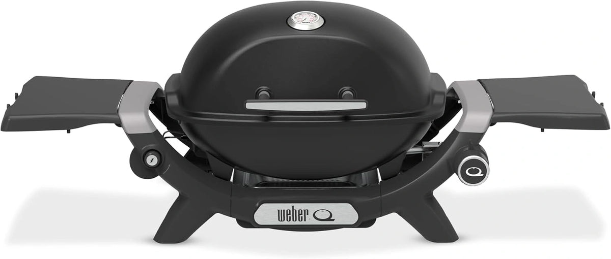 Barbecue à Gaz Weber Q 1200N avec Tablettes - Portable pour Camping et Balcons, Brûleur Puissant, Grilles en Fonte Émaillée, Allumage Électronique, Noir Minuit