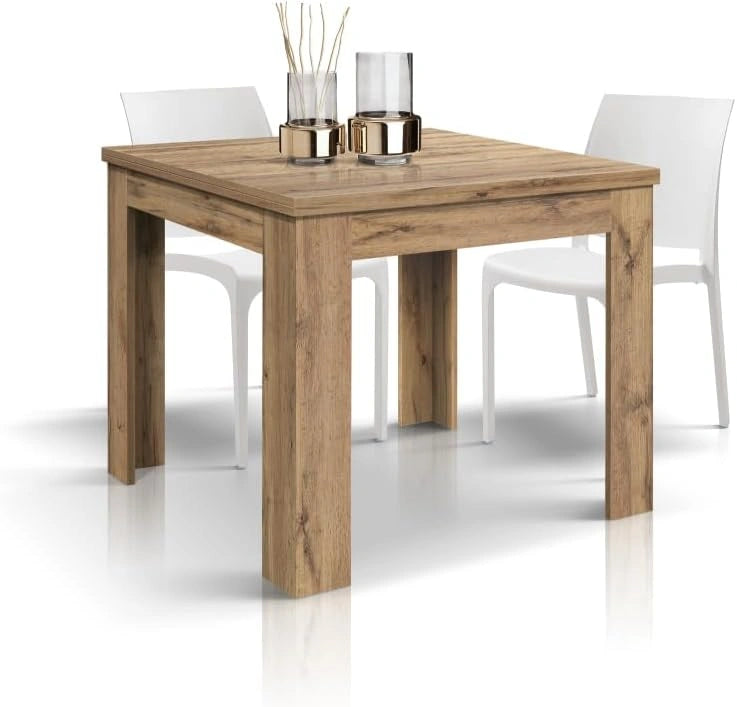 Table à Rallonge Brigitte en Chêne Rustique, Bois Mélaminé, Pour Cuisine, Fabriqué en Italie, 90x90 cm