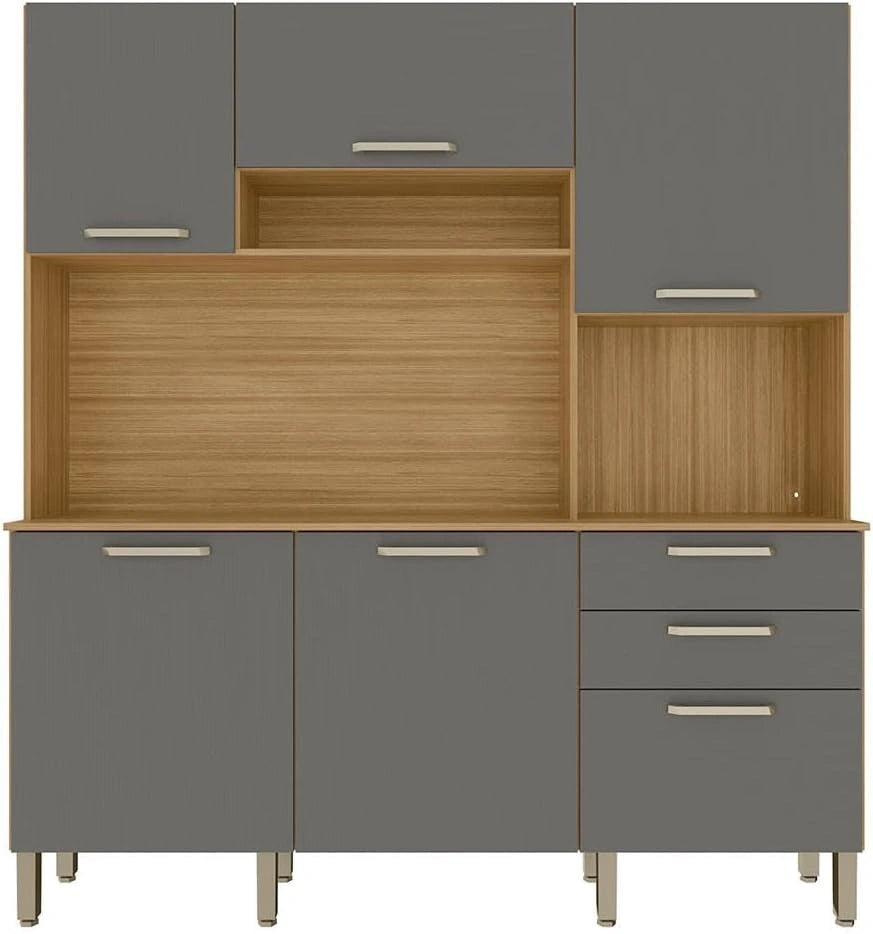 Armoire de Cuisine Chêne et Gris avec 6 Portes et 2 Tiroirs, 180x198x39 cm