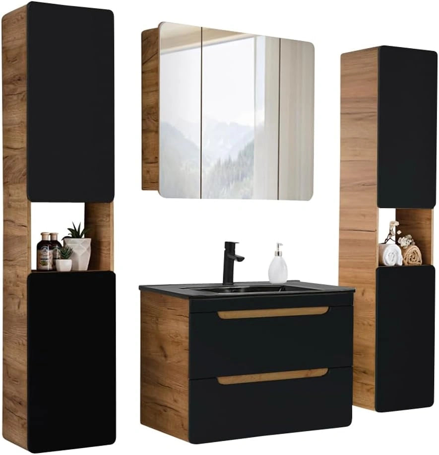 Ensemble de meubles de salle de bain en chêne Wotan avec lavabo en céramique et armoire à miroir LED, 80 cm