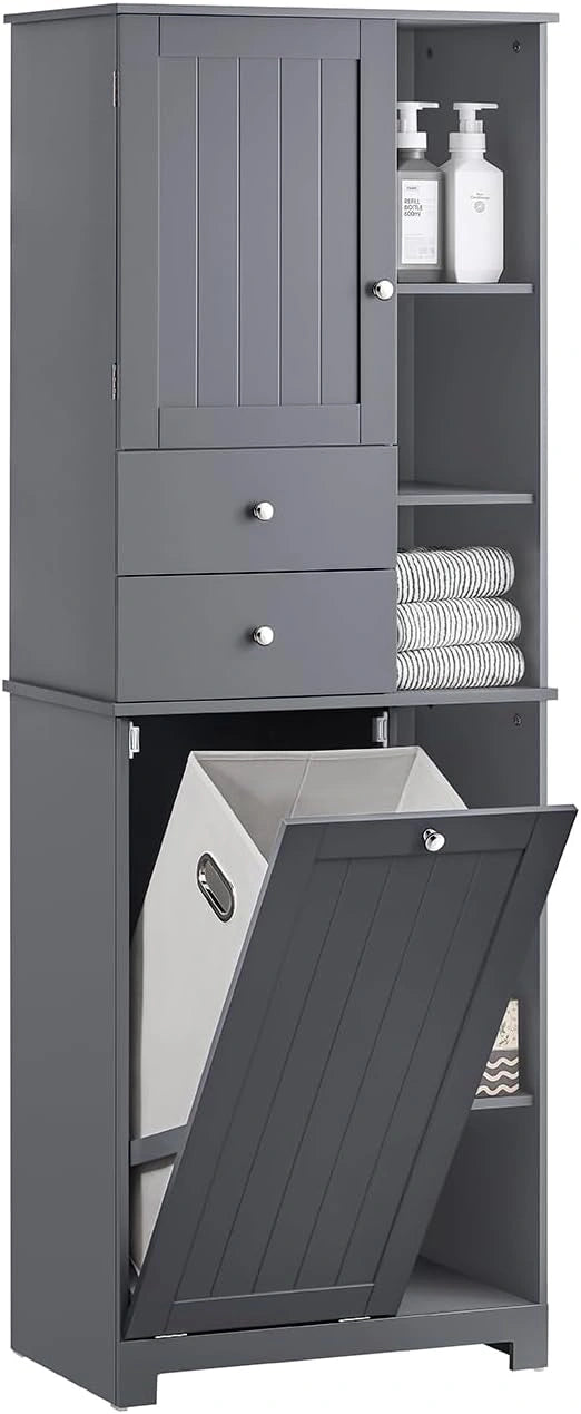 Armoire de Salle de Bain avec Panier à Linge et Étagères, 60x37x171 cm, Gris