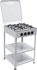 Cuisinière à gaz 4 feux avec supports antidérapants, idéale pour camping, dimensions 49 x 49 x 79 cm, blanche