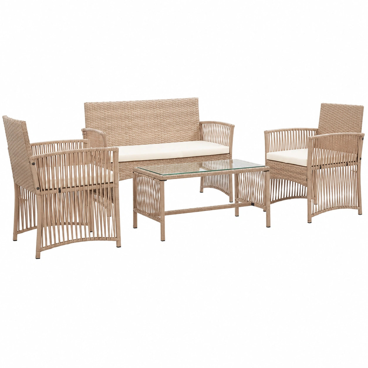 Ensemble de Jardin 4 Pièces avec Coussins en Résine Tressée Beige