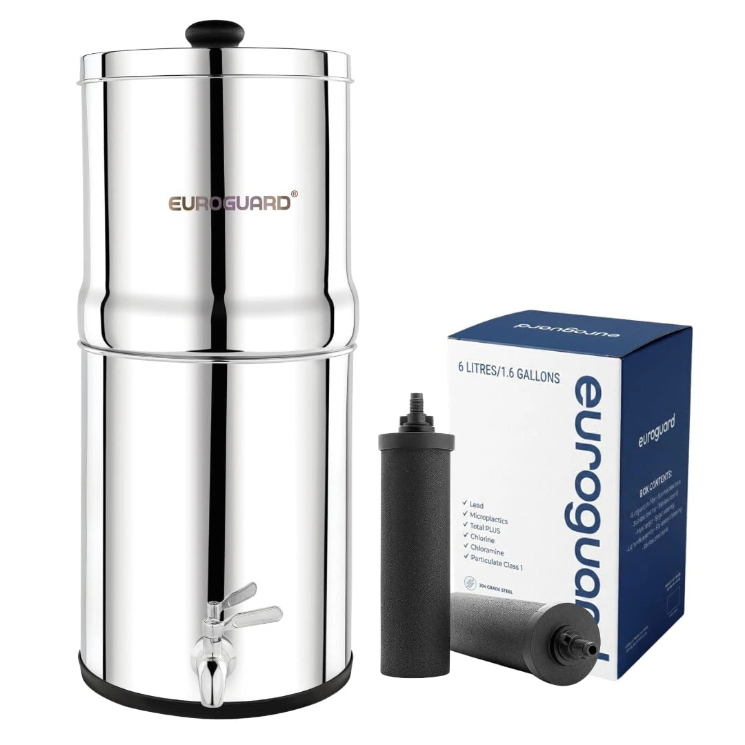 Système de Purification d'Eau 8,5L en Acier Inoxydable avec Filtration par Gravité, 2 Filtres à Charbon, Certifié NSF/ANSI, Sans Électricité