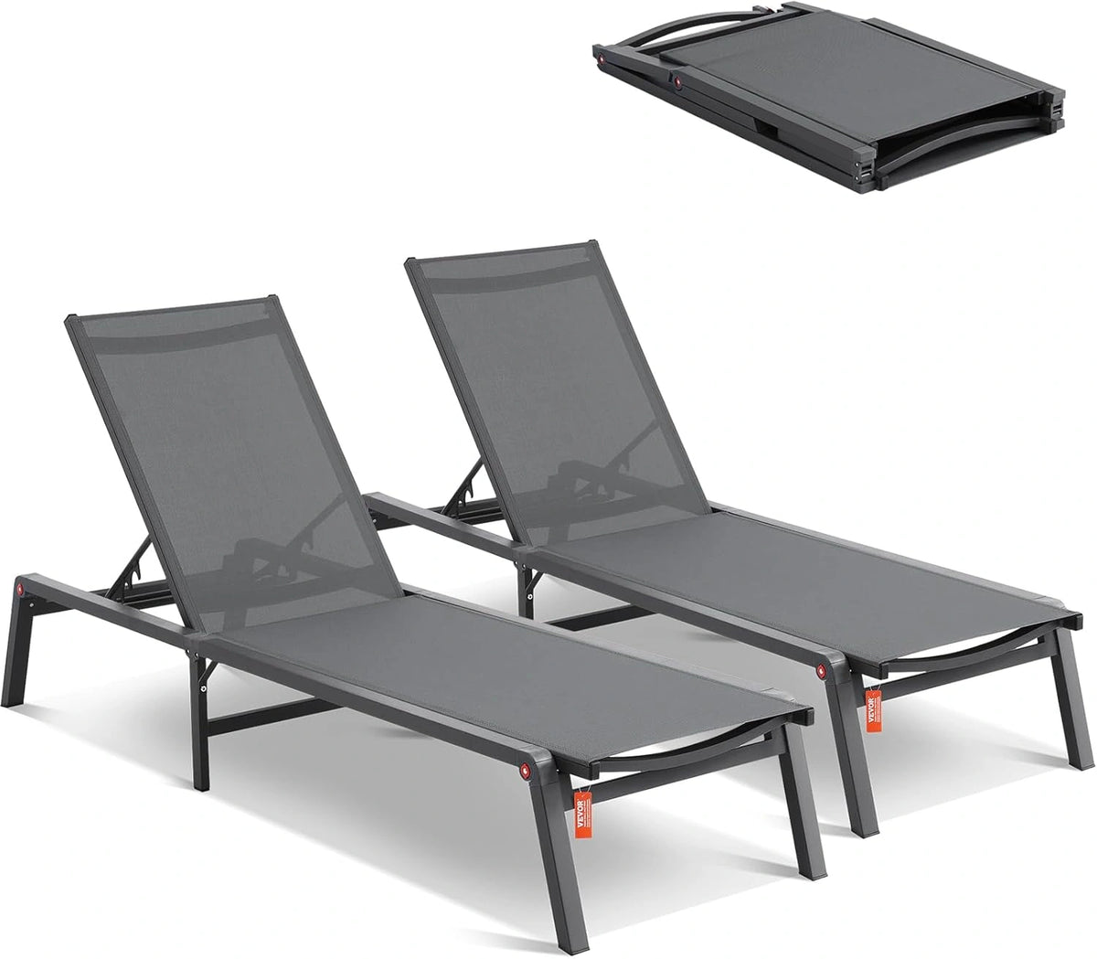 Lot de 2 Chaises Longues Plage et Jardin en Aluminium, Transats Pliables avec 5 Positions Ajustables, Coussinets Inclus, Gris Foncé
