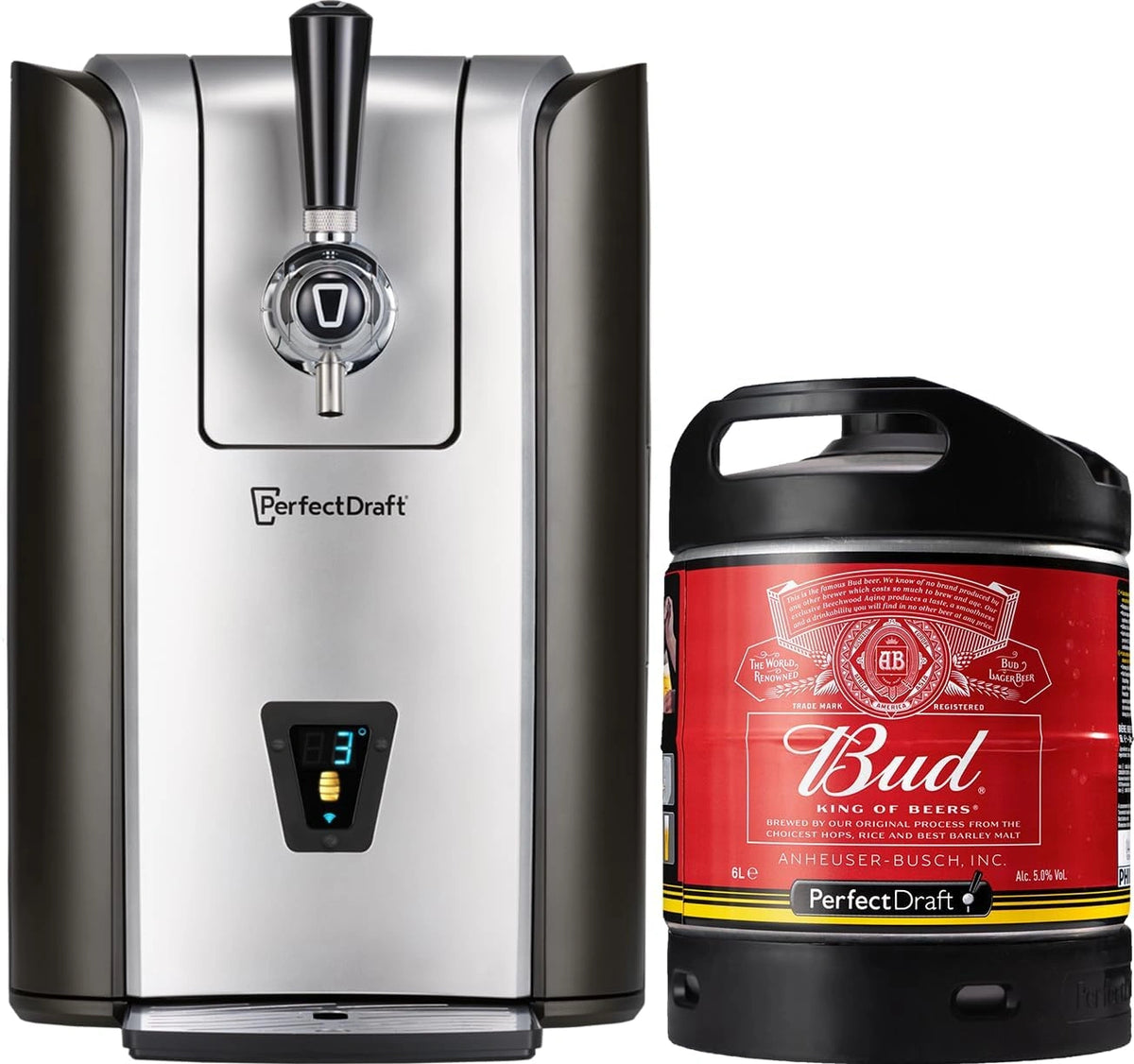 Tireuse à Bière PerfectDraft Pro avec Fût Bud 6L - Refroidisseur Domestique à 3°C - Affichage LED - Fraîcheur 30 Jours - Cadeau Idéal pour Amateurs de Bière
