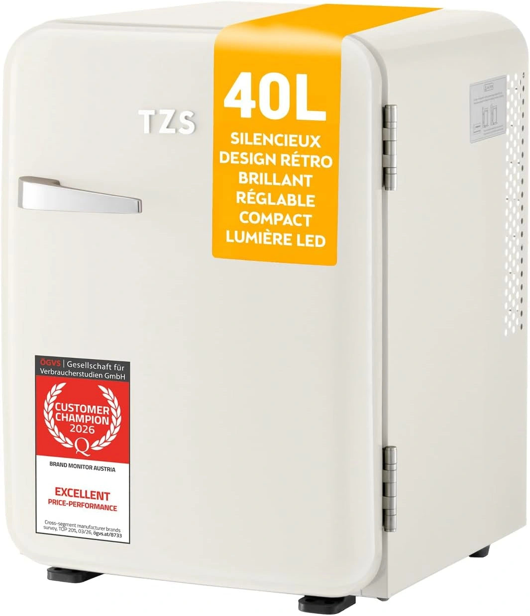 Réfrigérateur Rétro 40L Silencieux avec Éclairage Intérieur et Compartiments - Minibar Vintage pour Camping, Bureau, Chambre et Hôtel - Crème