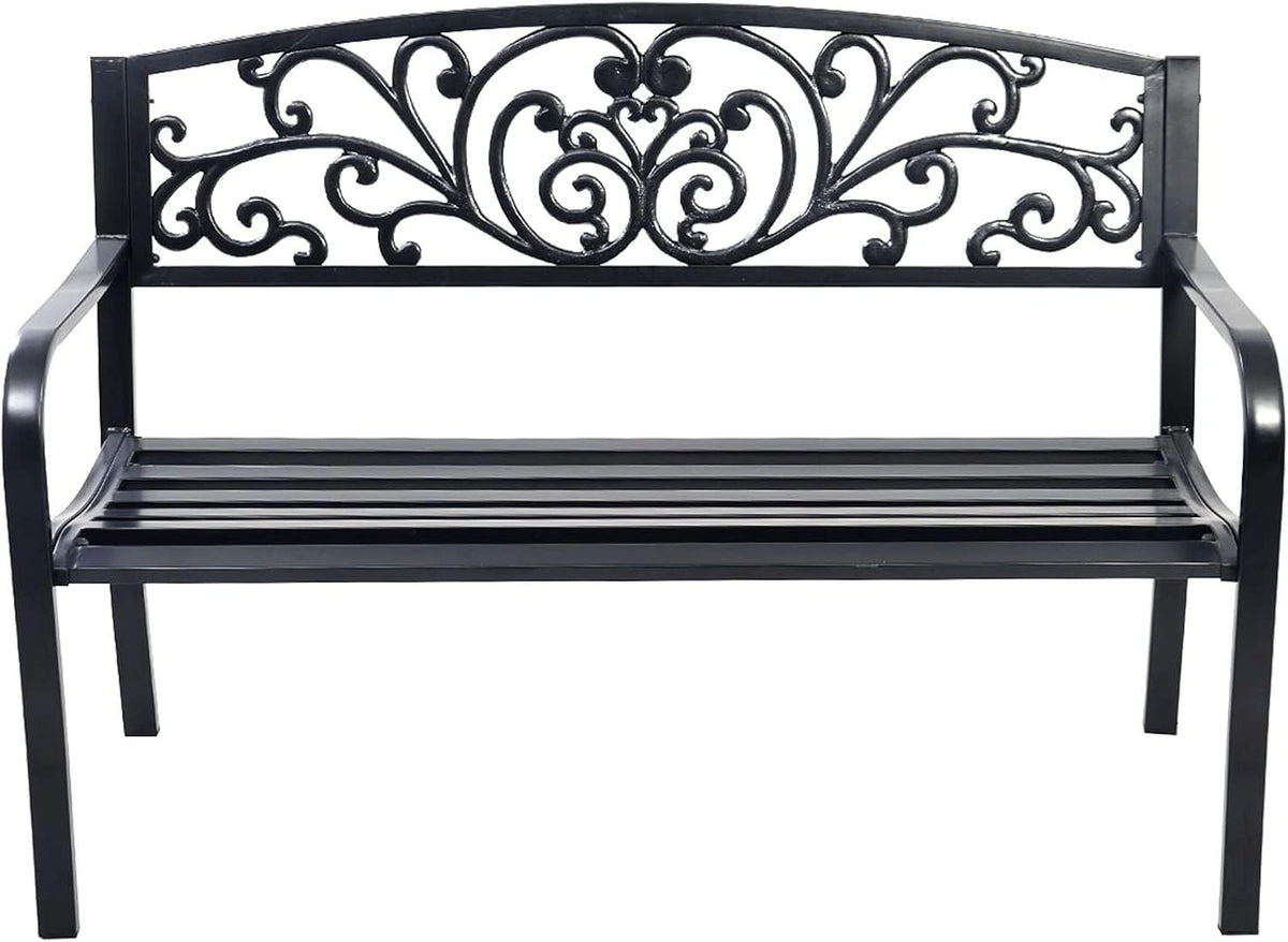 Banc de Jardin pour 2-3 Personnes en Fer Forgé Noir, Confort avec Dossier Inclinable et Accoudoirs Arrondis