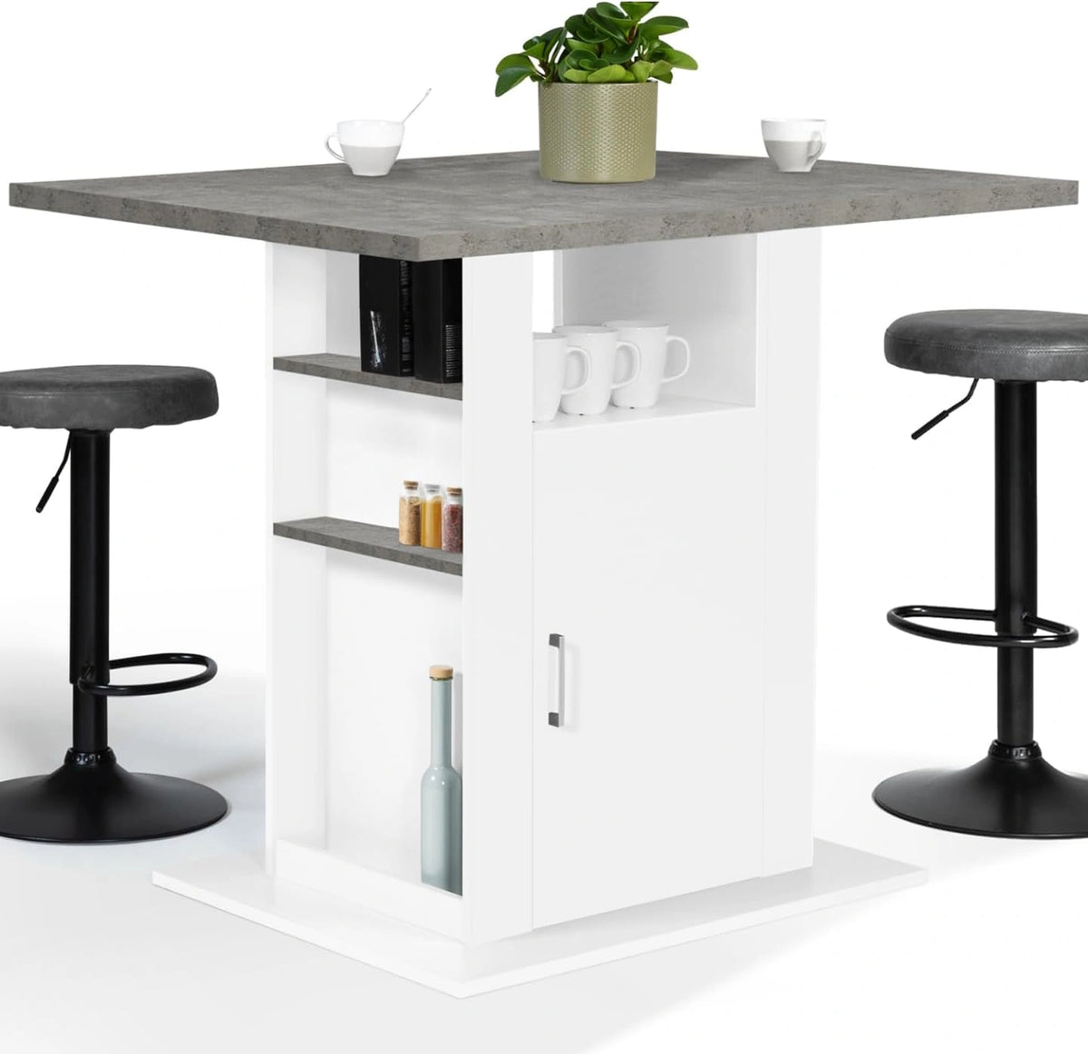 Îlot de Cuisine UGO 110 cm avec Plateau Effet Béton et Rangements Blancs