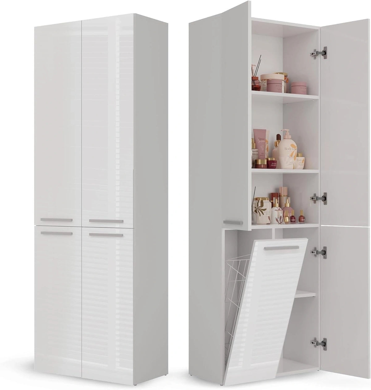 Armoire Haute de Salle de Bain avec 4 Portes et Étagères Ajustables - Blanc 60x30x174 cm