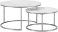 Ensemble de 2 Tables Basses Rondes en Marbre Blanc avec Pieds Métalliques Argentés pour Salon