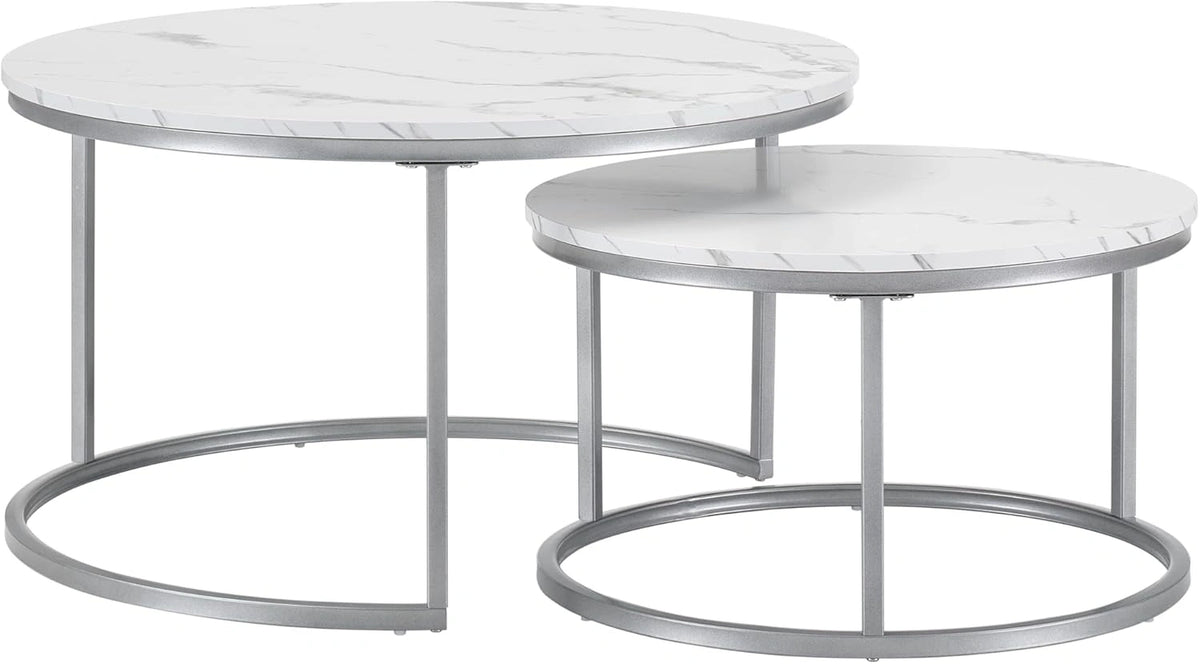 Ensemble de 2 Tables Basses Rondes en Marbre Blanc avec Pieds Métalliques Argentés pour Salon