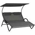 Chaise Longue Double avec Toit Réglable et Roulettes en Acier, Gris Foncé
