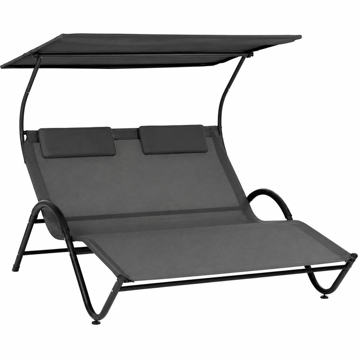 Chaise Longue Double avec Toit Réglable et Roulettes en Acier, Gris Foncé