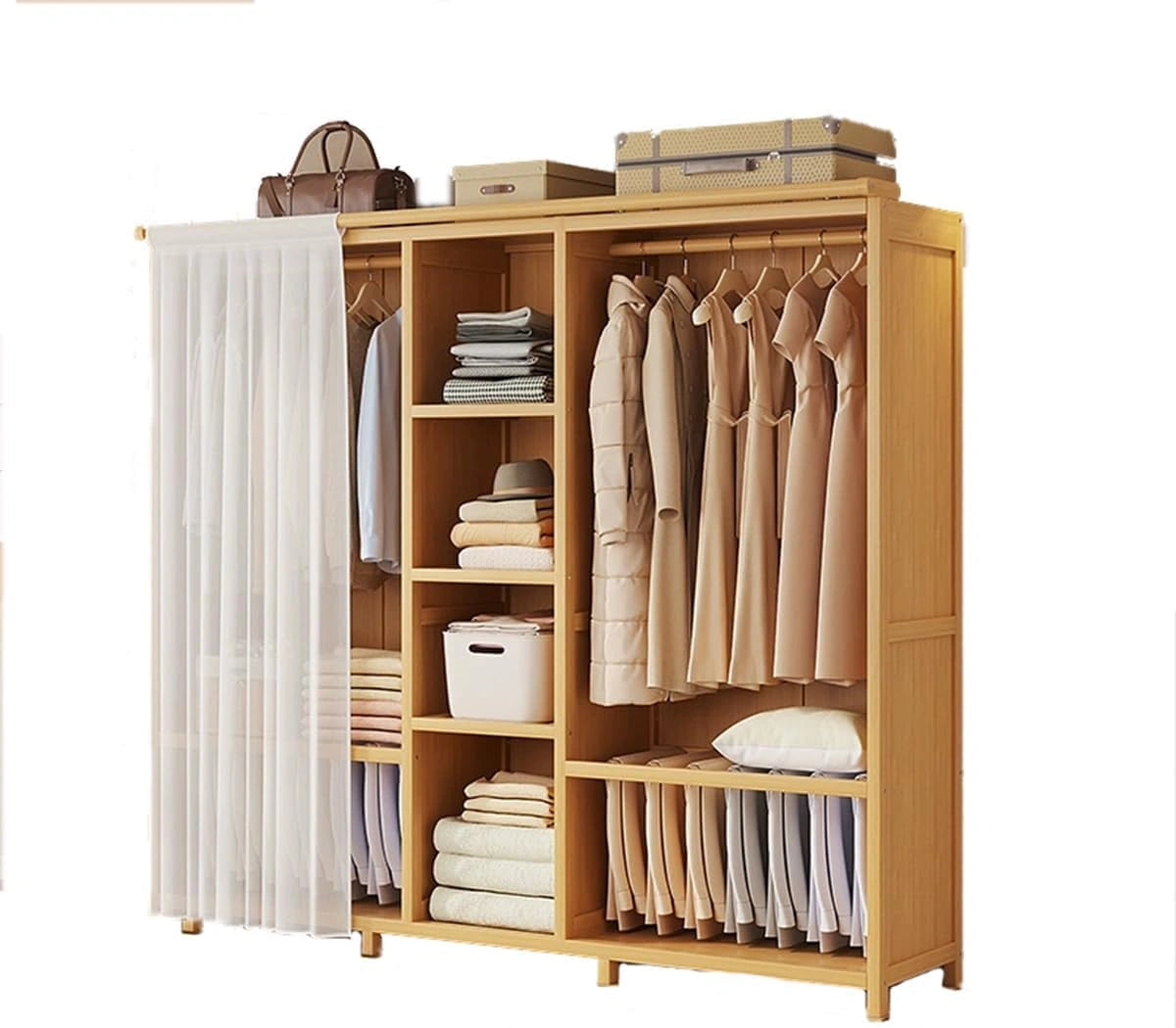 Armoire en Bambou avec 4 Étagères et Porte-Pantalons pour Chambre et Dressing - Beige, 170 cm