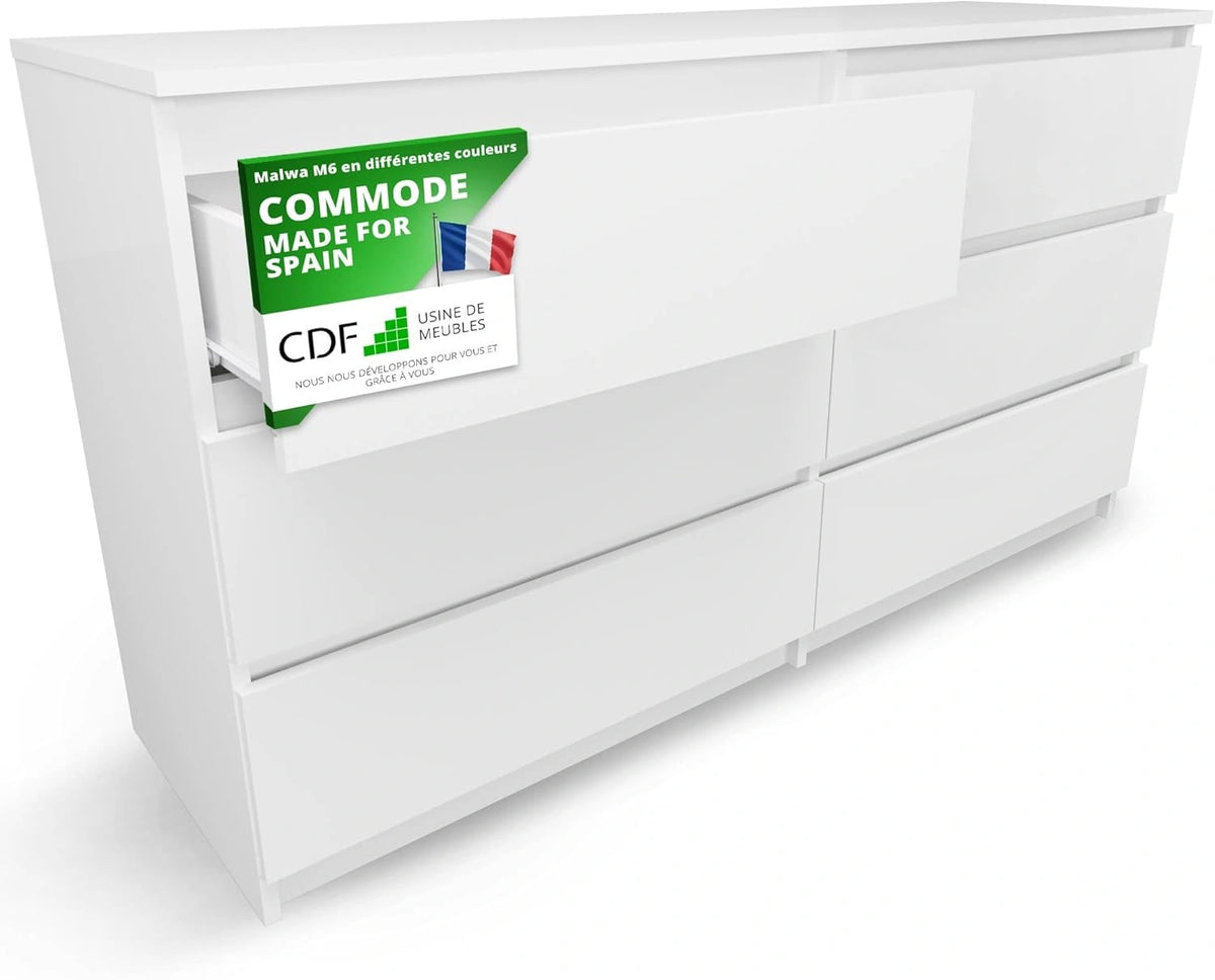 Commode Moderne à 6 Tiroirs Blanc pour Chambre, Salon et Bureau, Installation Facile, 40x75x138 cm