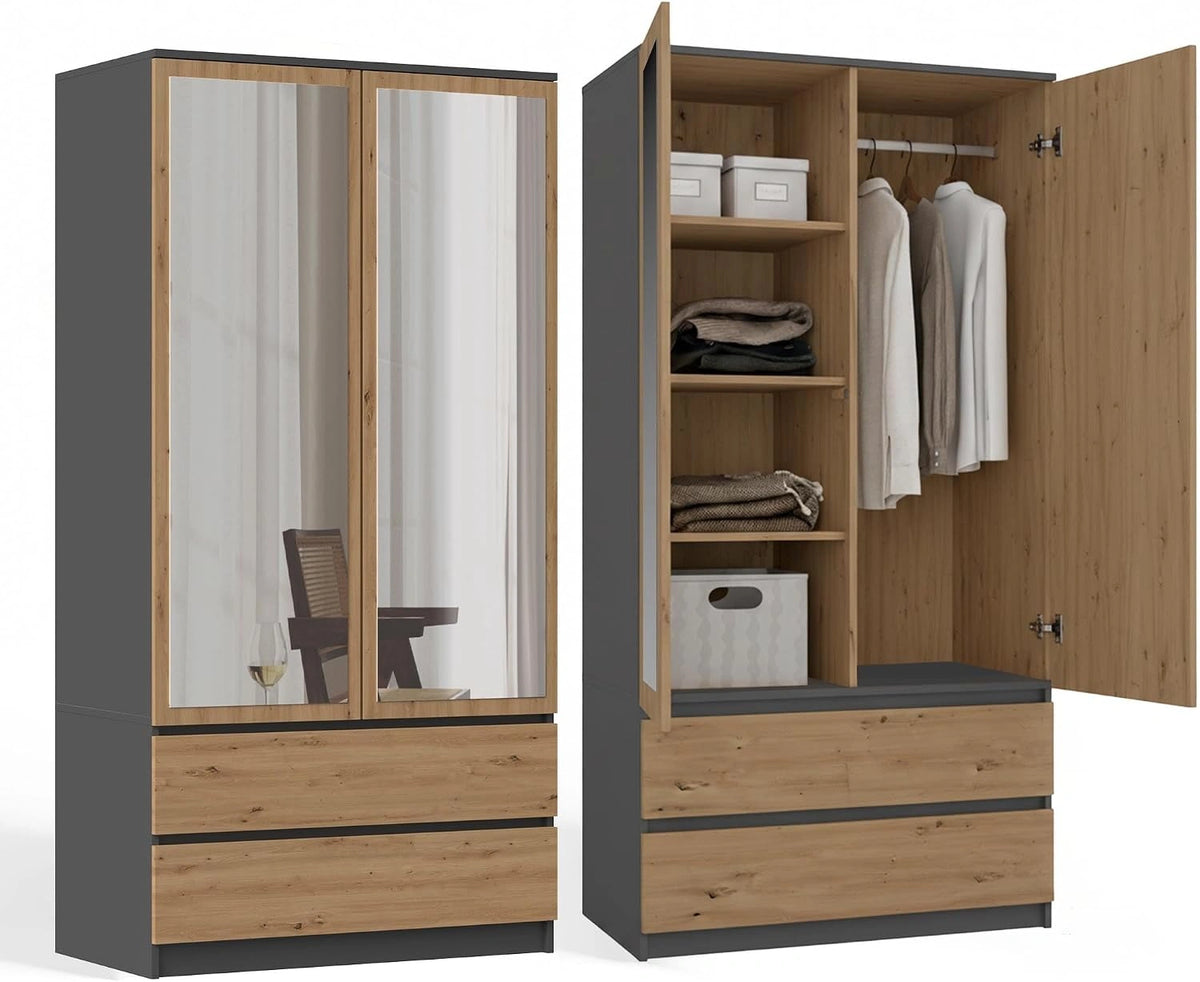Armoire 2 Portes avec Miroir et Tiroirs, Rangement Multifonction Chêne/Anthracite