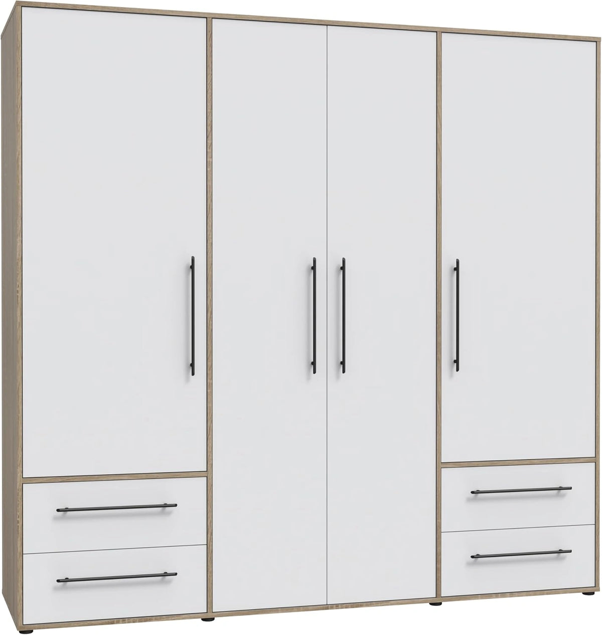 Armoire Jupiter Forte 4 Portes 4 Tiroirs, Blanc/Chêne Sonoma, 206x59x200 cm