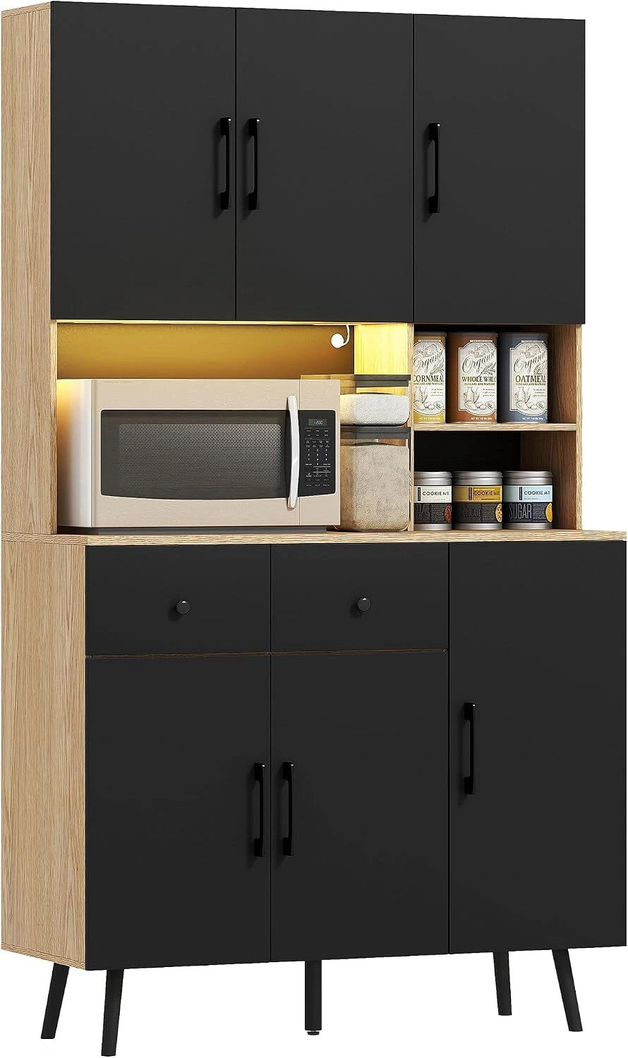 Buffet de Cuisine Noir avec Éclairage LED, Rangement Moderne avec Tiroirs et Étagères Ajustables
