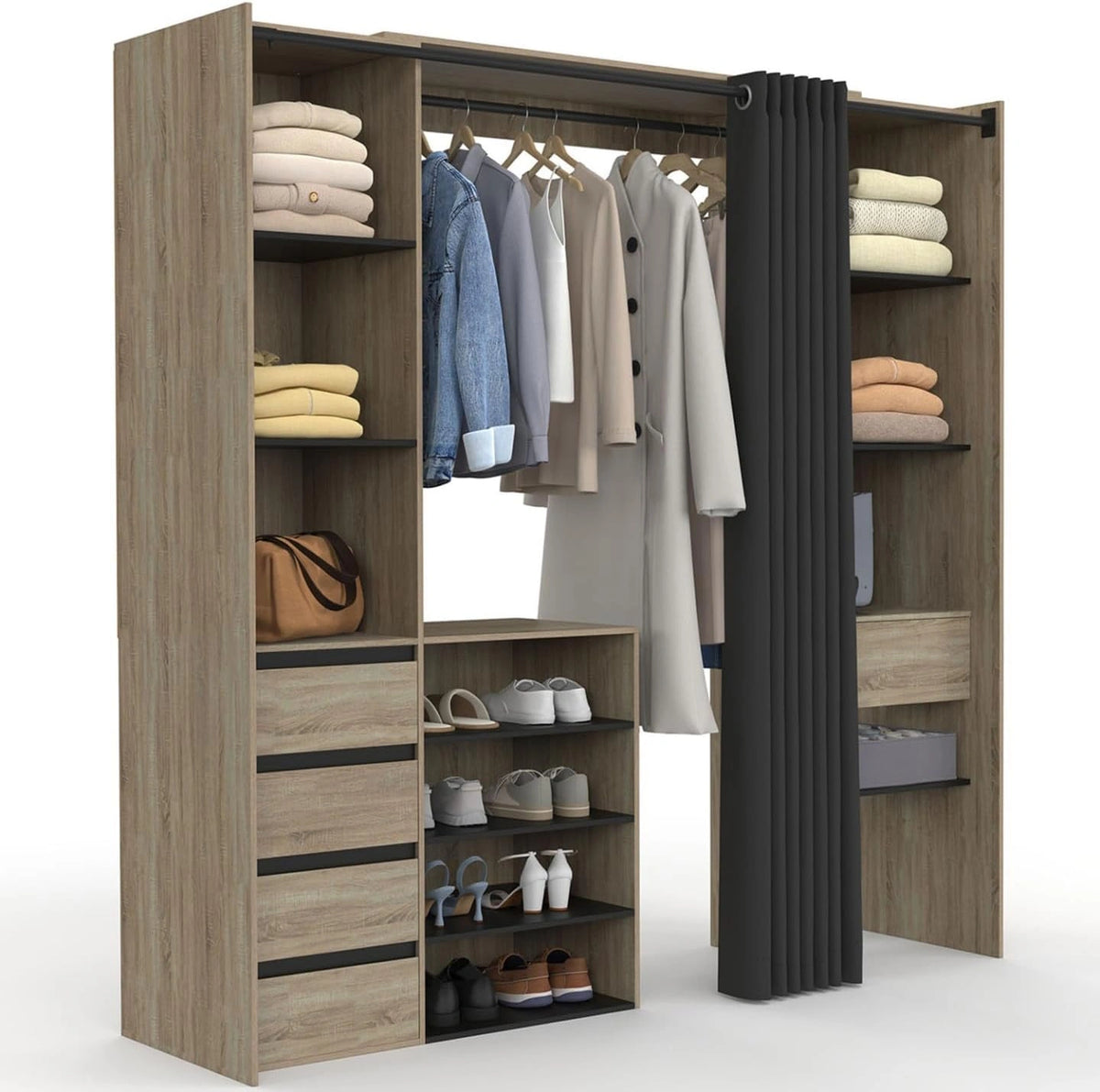Armoire Extensible MERYL XXL en Hêtre avec Tiroirs, Étagères et Rideau Noir - 120/180 cm