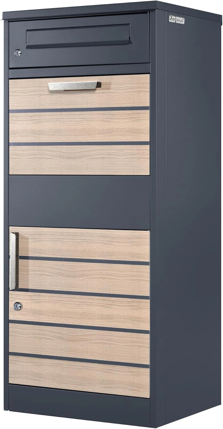 Boîte aux Lettres Anthracite avec Compartiment à Paquets et Décor en Bois