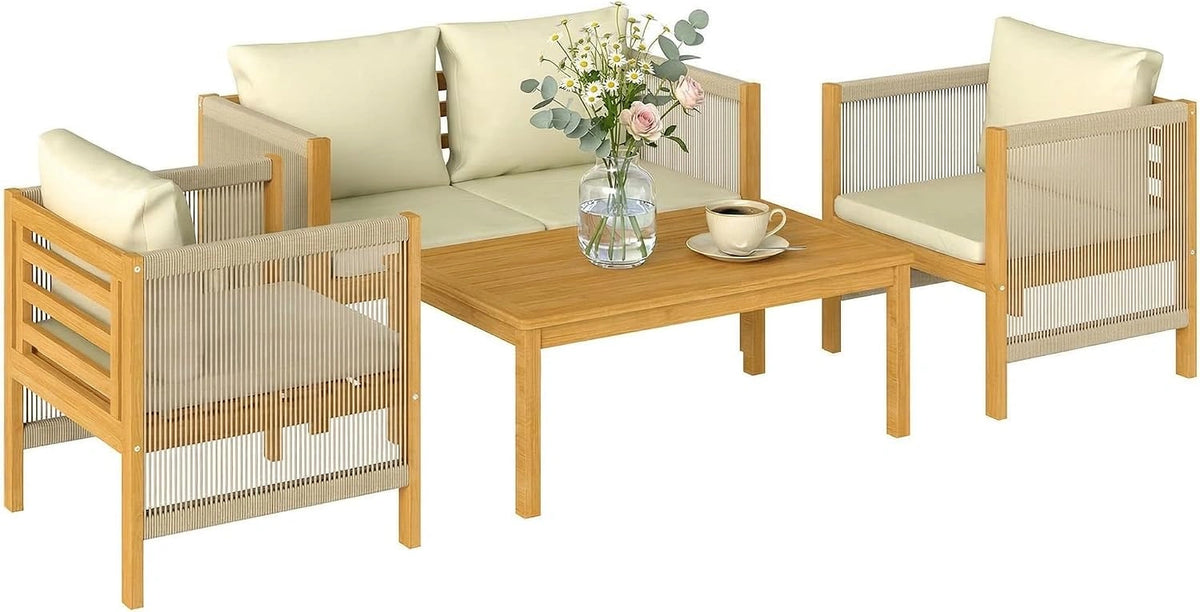 Ensemble Salon de Jardin 4 Pièces en Acacia avec Coussins Déhoussables - Canapé, Fauteuils et Table Bohème Chic