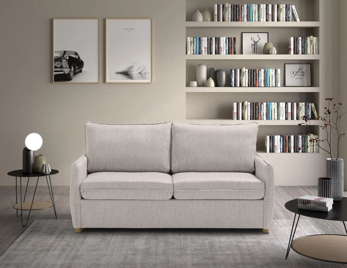 Canapé-Lit Convertible 2 Places avec Matelas Mémoire de Forme, Tissu Beige, Dossier Amovible, Design Moderne, Pieds en Bois