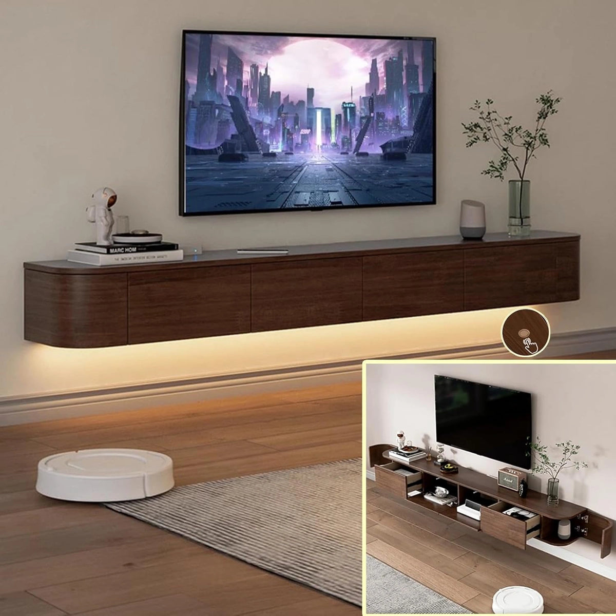 Meuble TV mural flottant avec LED et rangement intégré - 200 cm - Marron