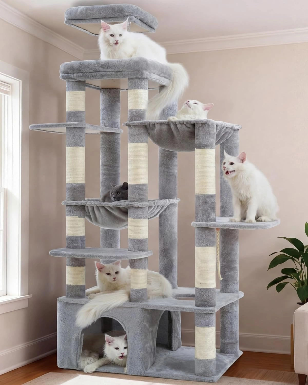 Arbre à Chat 180cm Stable avec Plateforme XL et Hamacs, Grand Habitat Multi-Niveaux, Gris Clair