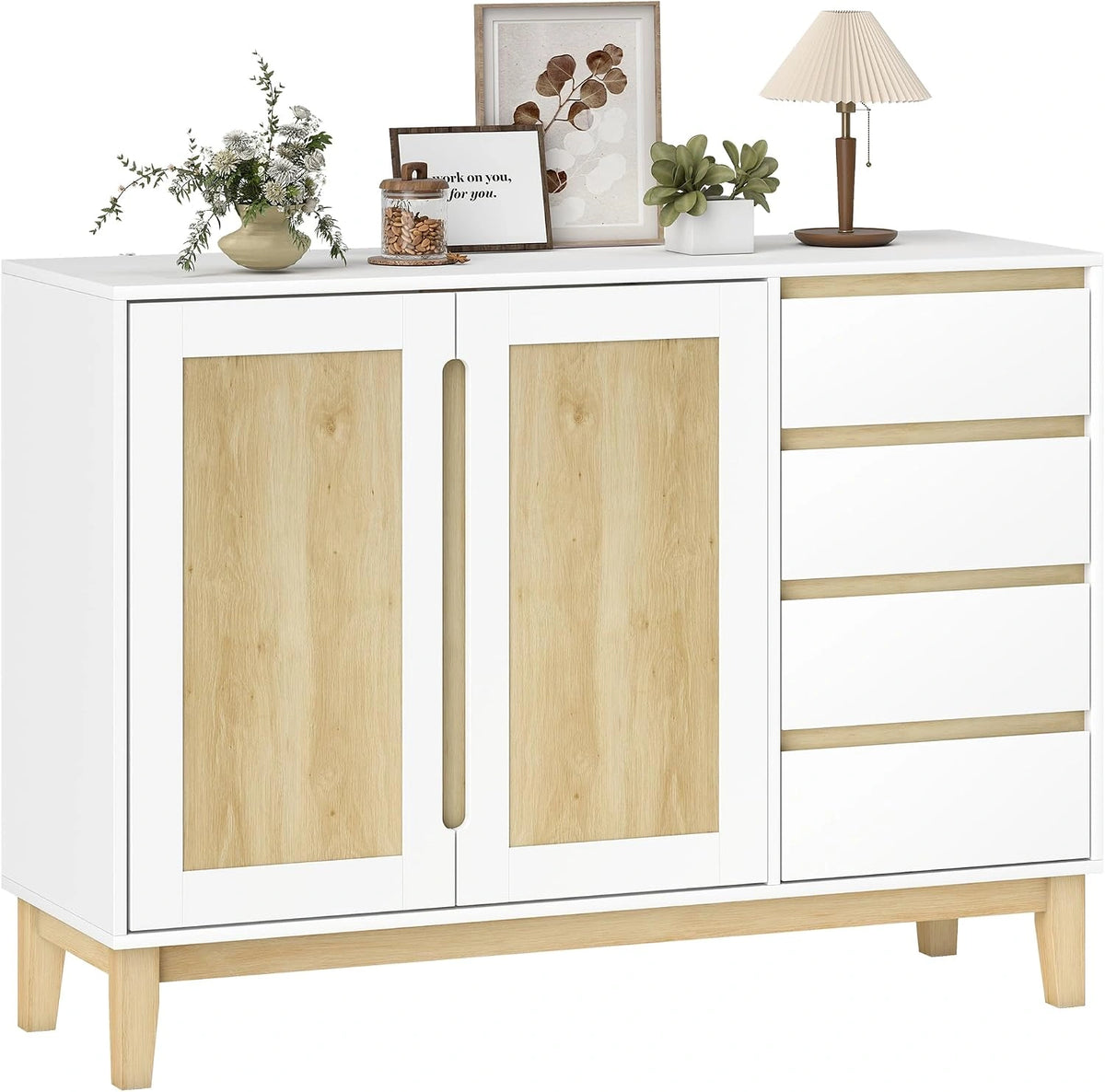 Buffet Nordique HOMCOM avec Portes et Tiroirs, Étagère Ajustable, Pieds en Bois, Blanc et Chêne