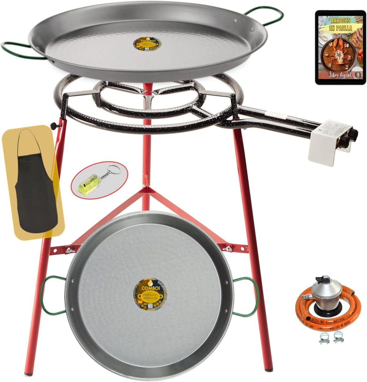 Ensemble Paella - Brûleur Gaz Butane 50 cm, Poêles 60 cm et 42 cm, Régulateur, Tuyau, Trépied Renforcé, Tablier et Recettes Incluses