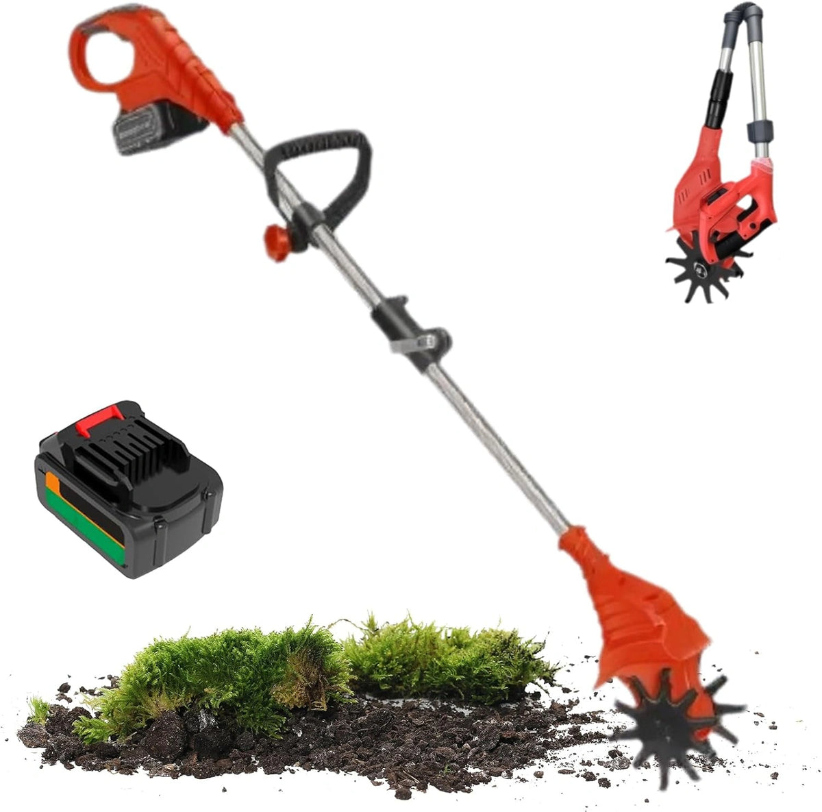 Motobineuse Électrique Sans Fil 1380W, Pliable, Poignée Réglable, Profondeur 25cm, Largeur 10cm, Lames en Acier au Manganèse, Rouge, 5 Batteries