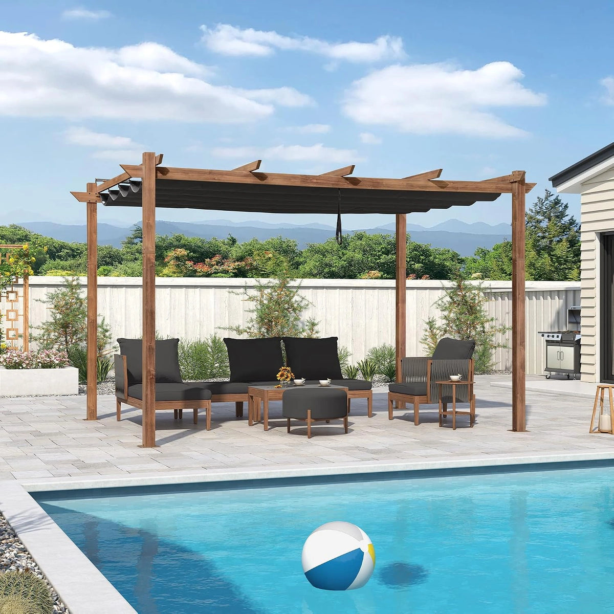 Pergola de Jardin en Aluminium 4 x 3 m Finition Teck, Toile Rétractable Imperméable - Idéale pour Barbecue Extérieur, Gris
