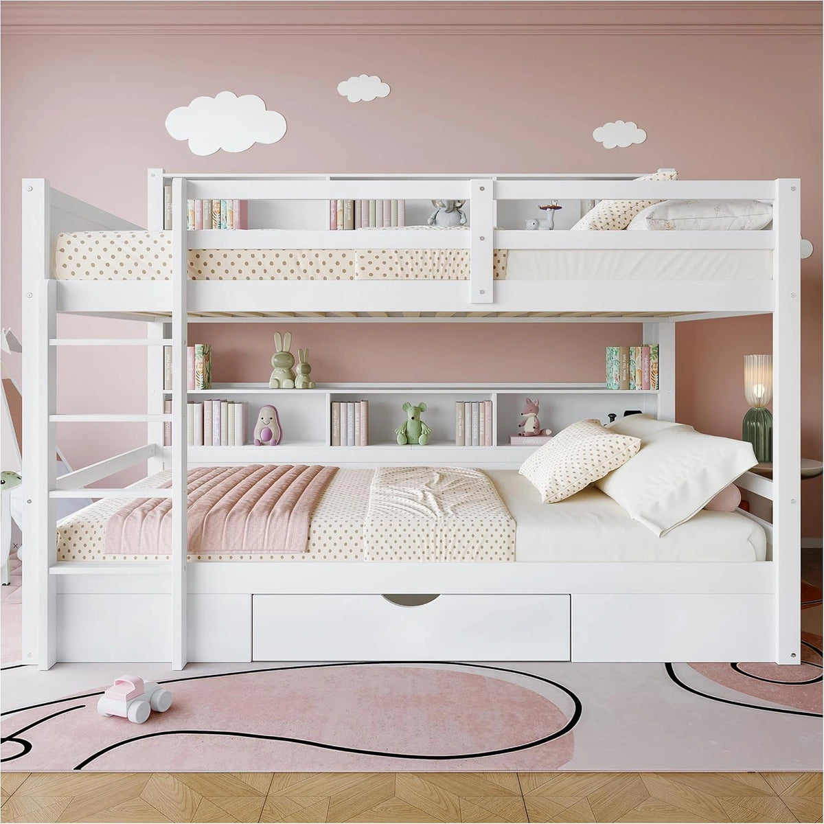 Lit superposé enfant 90x200cm avec rangements, échelle et garde-corps, blanc