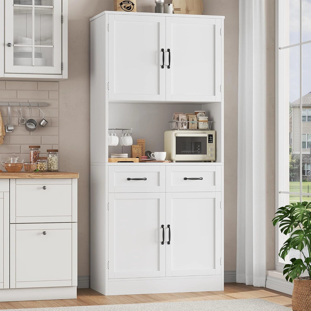 Armoire de Cuisine HOCSOK 180 cm avec Portes et Tiroirs, Espace de Rangement Ajustable, Blanc