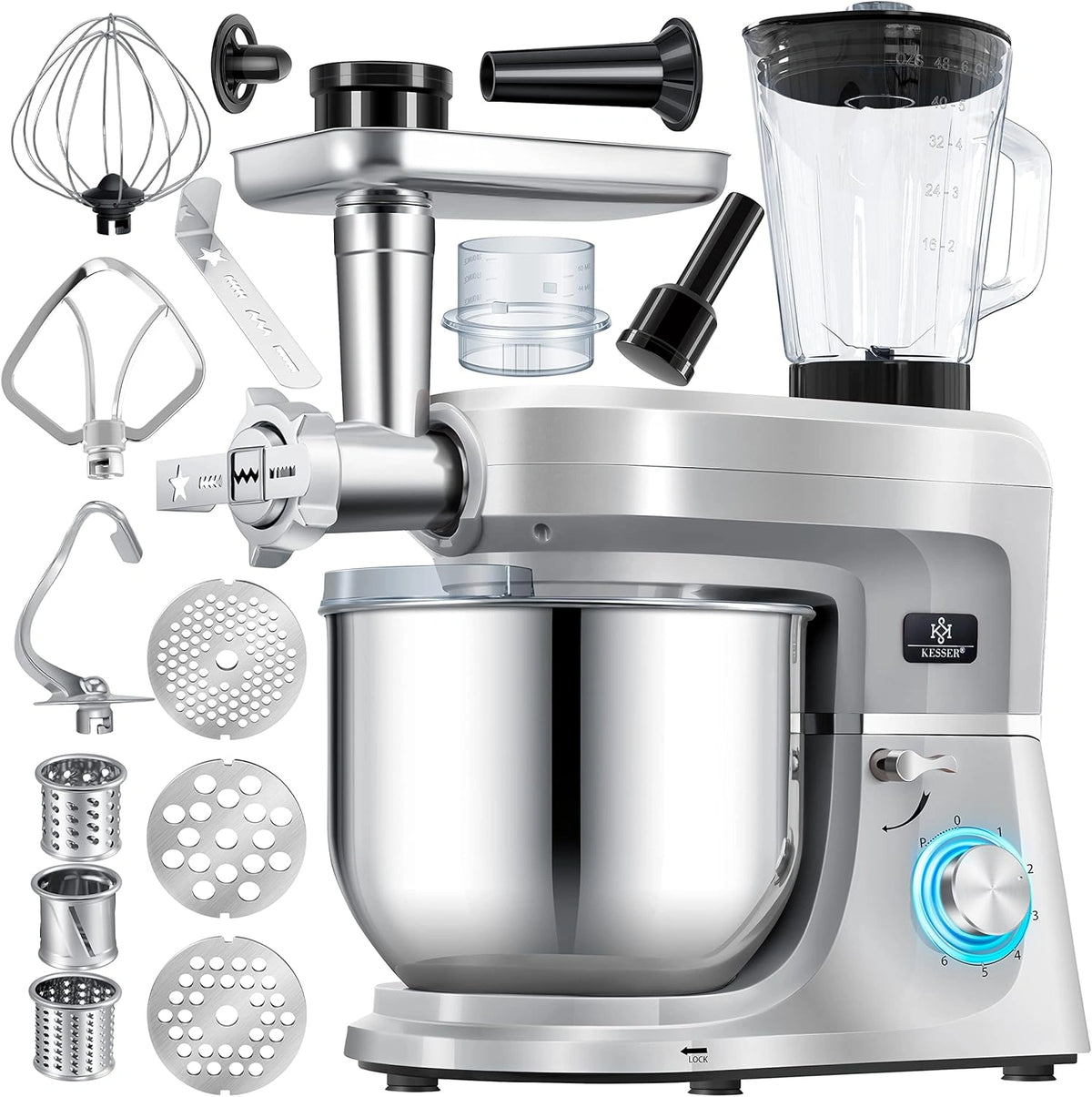Robot de cuisine multifonction 3 en 1 avec hachoir, pétrin et extracteur de jus 1,5 L - Kit saucisses et moules à pâtisserie