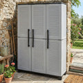 Armoire de Jardin Nandrin, Rangement Porte-Balais, 3 Portes, Fabrication Italienne, 102x37x169 cm, Gris Clair et Noir, Finition Rayée