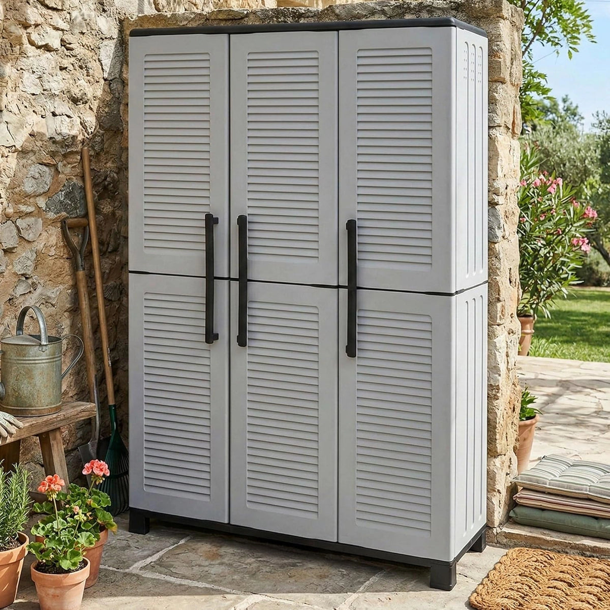 Armoire de Jardin Nandrin, Rangement Porte-Balais, 3 Portes, Fabrication Italienne, 102x37x169 cm, Gris Clair et Noir, Finition Rayée