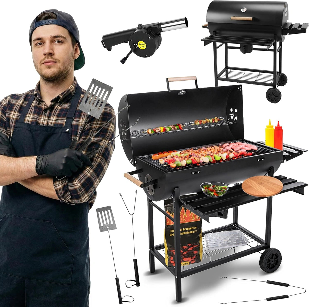 Barbecue à Charbon de Bois Five-Star avec Grille Chromée, Couvercle et Thermomètre - Modèle GC0002