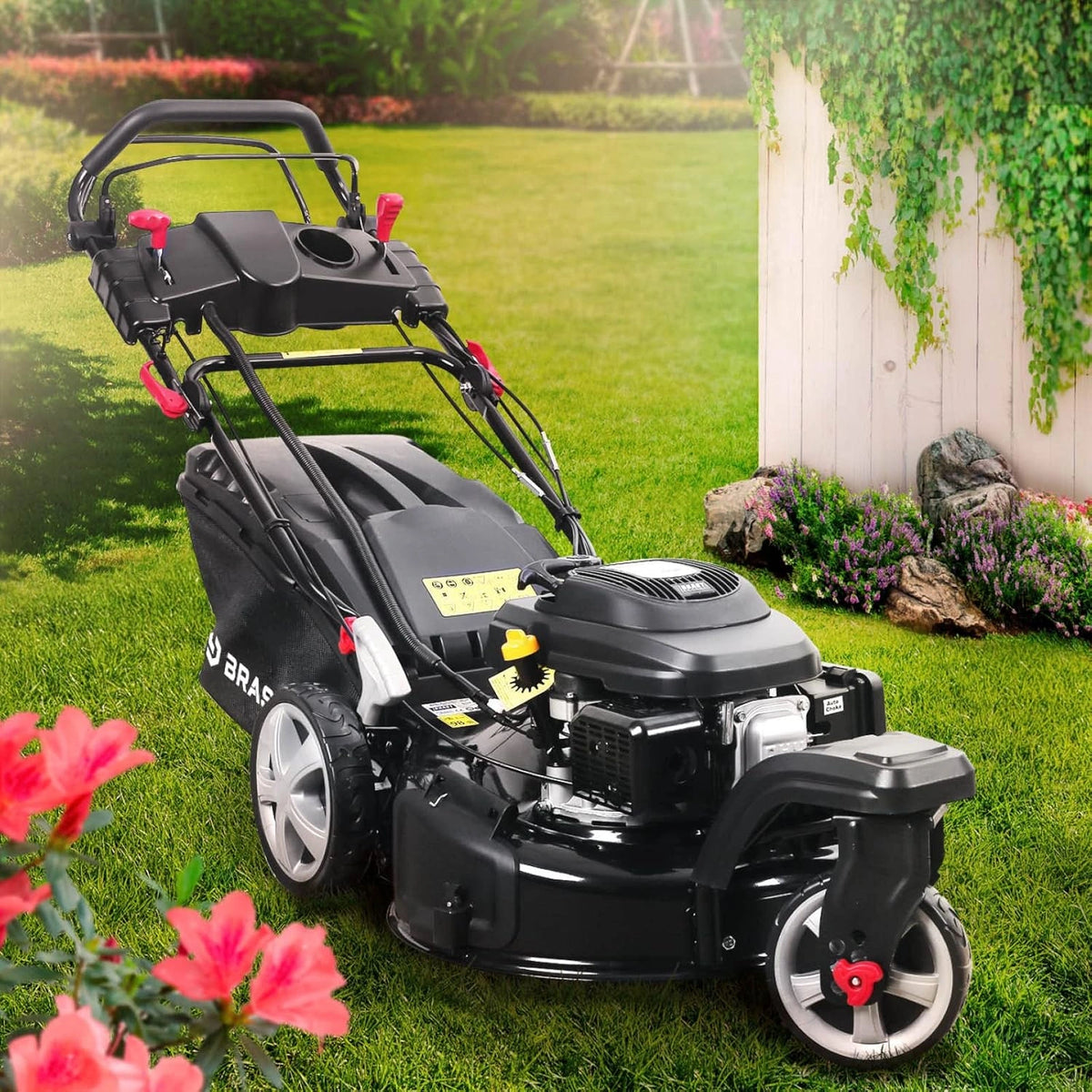 Tondeuse à Gazon Thermique 3 Roues BRAST 224cc, Démarrage Électrique, Largeur 53cm, Système 4-en-1 avec Mulching, Réglage Vitesse, Bac de 60L