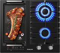 Plaque de cuisson mixte gaz et induction 60 cm, brûleur wok, fonction BBQ, verre noir encastrable