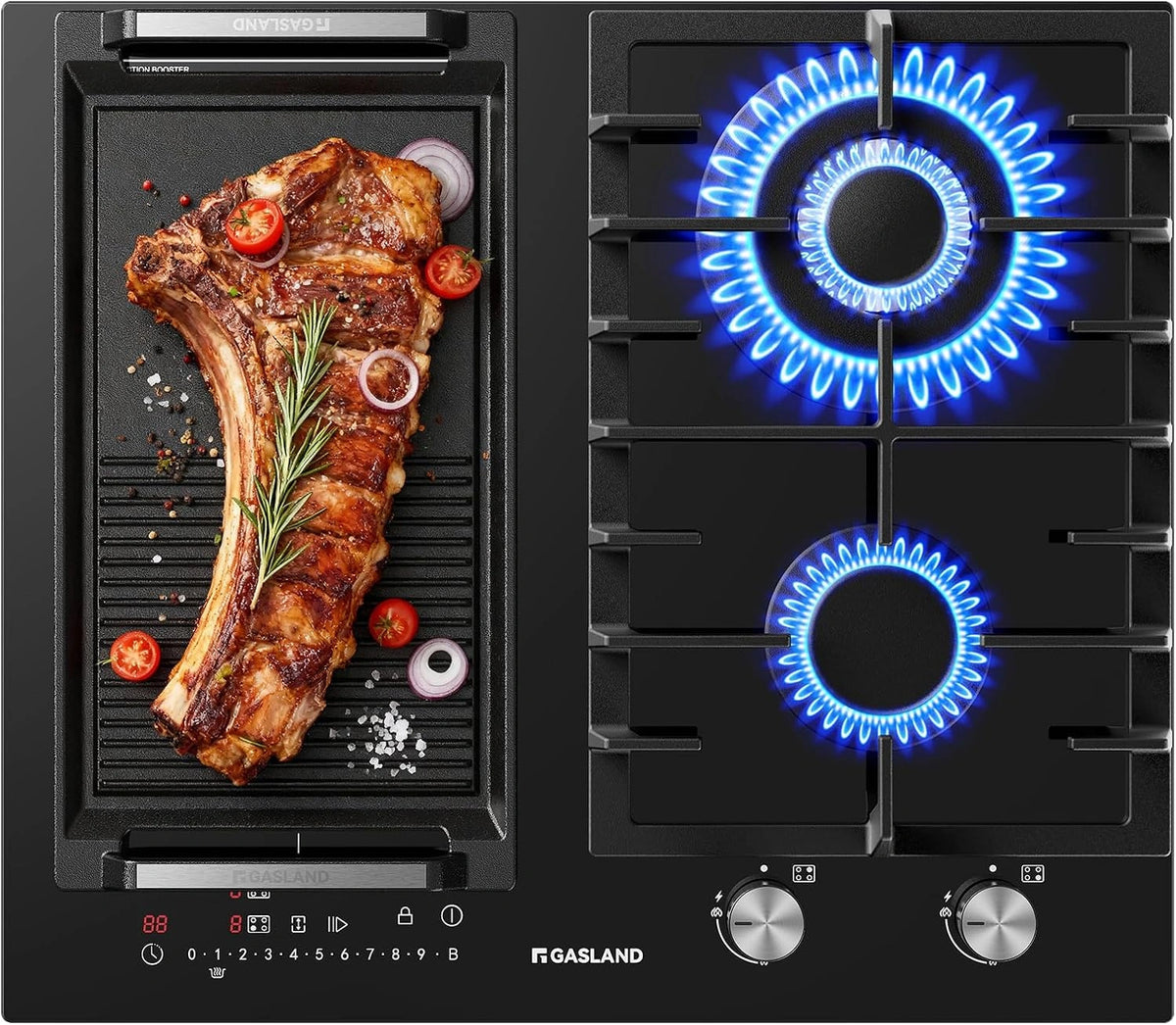 Plaque de cuisson mixte gaz et induction 60 cm, brûleur wok, fonction BBQ, verre noir encastrable