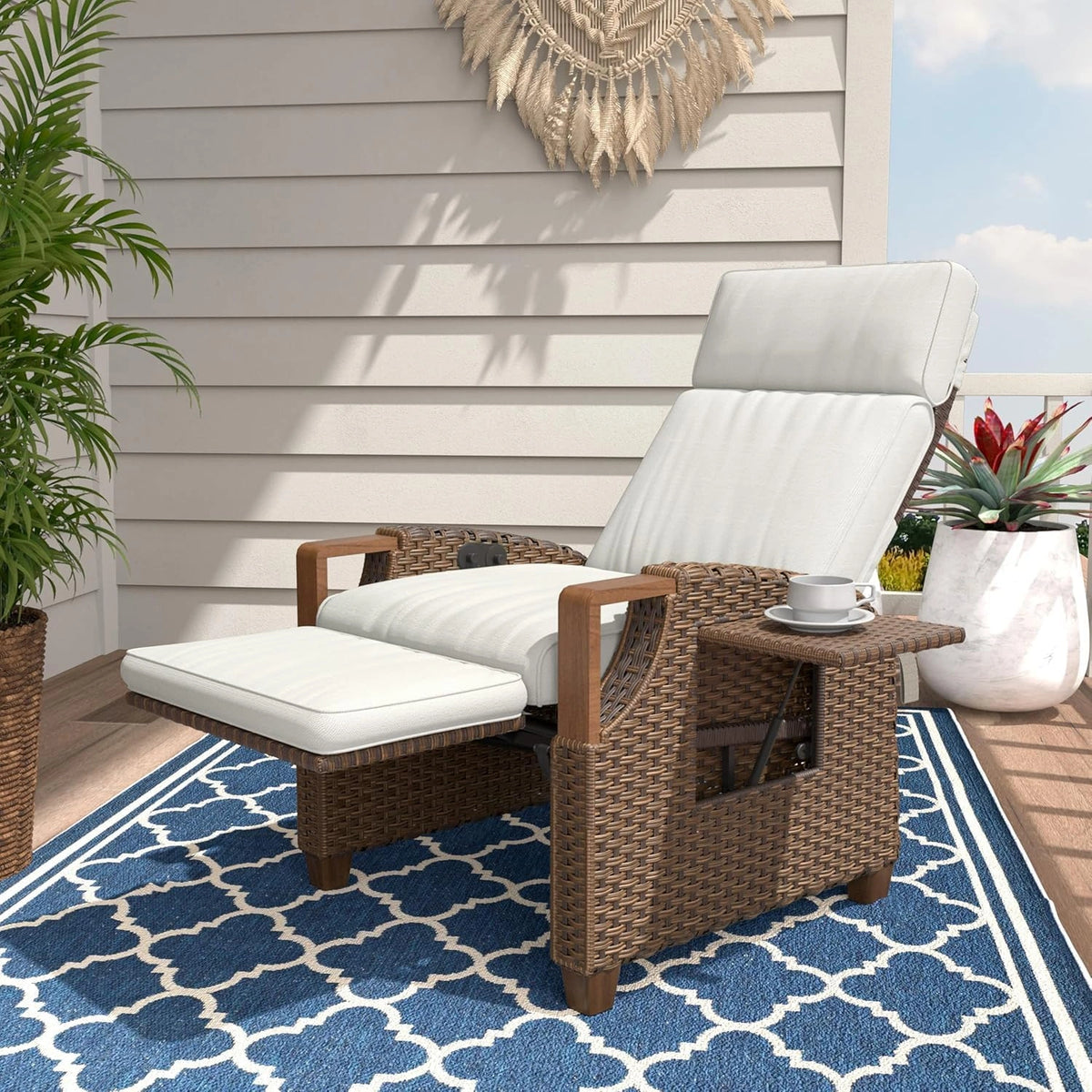 Chaise Longue Réglable avec Tablette et Coussin pour Jardin et Terrasse - Style Bohème